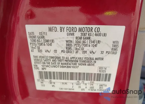 2011 Ford Escape Xlt z USA, uszkodzony, nr VIN 1FMCU9D73BKB61037